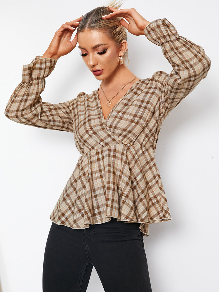 Plaid Check Print Pleated Long Sleeve Cross Front V-neck Blouse