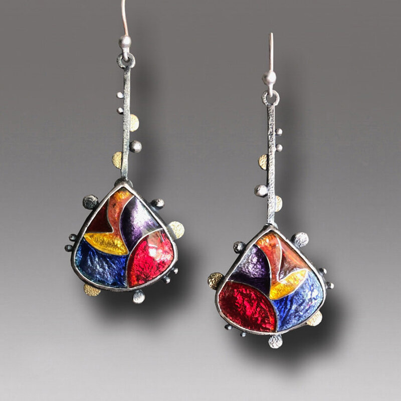 

Bohemian Colored Crystal Clear Enamel Earrings Drop-Shaped Shiny Pendant Earrings, #01