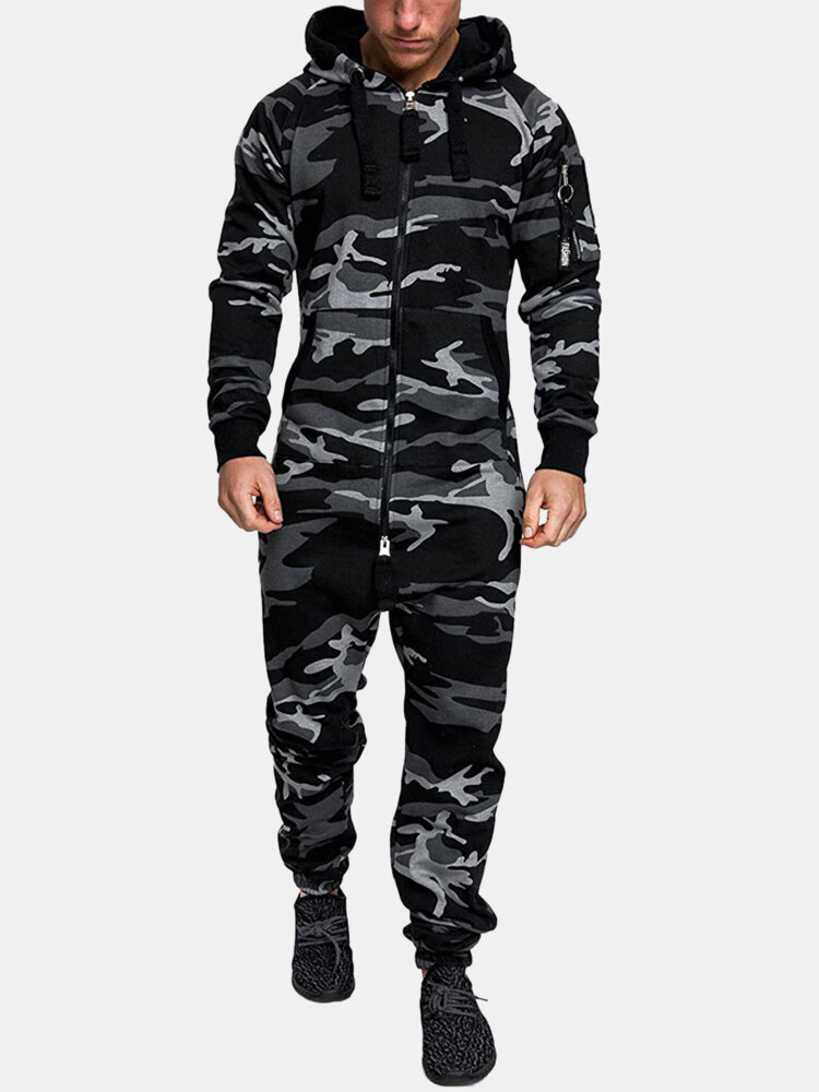 Men Camo Hooded Jumpsuits Print Beam Footed Cozy Drawstring Zipper Up Overalls Outfit With Pockets