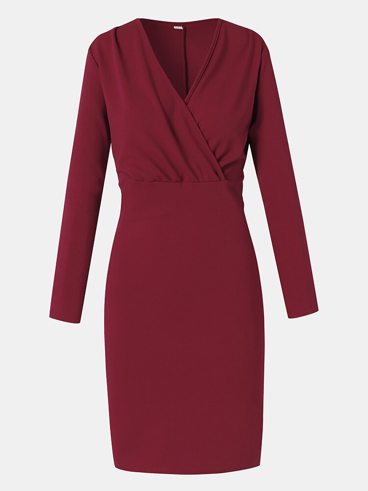 Solid Color V-neck Long Sleeve Plus Size Bodycon Dress for Women