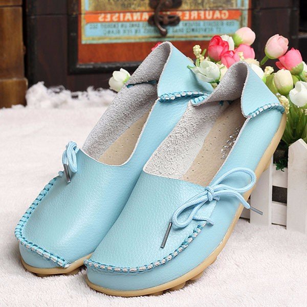Big Size Leather Pure Color Soft Sole Breathable Casual Lace Up Flat Shoes For Women