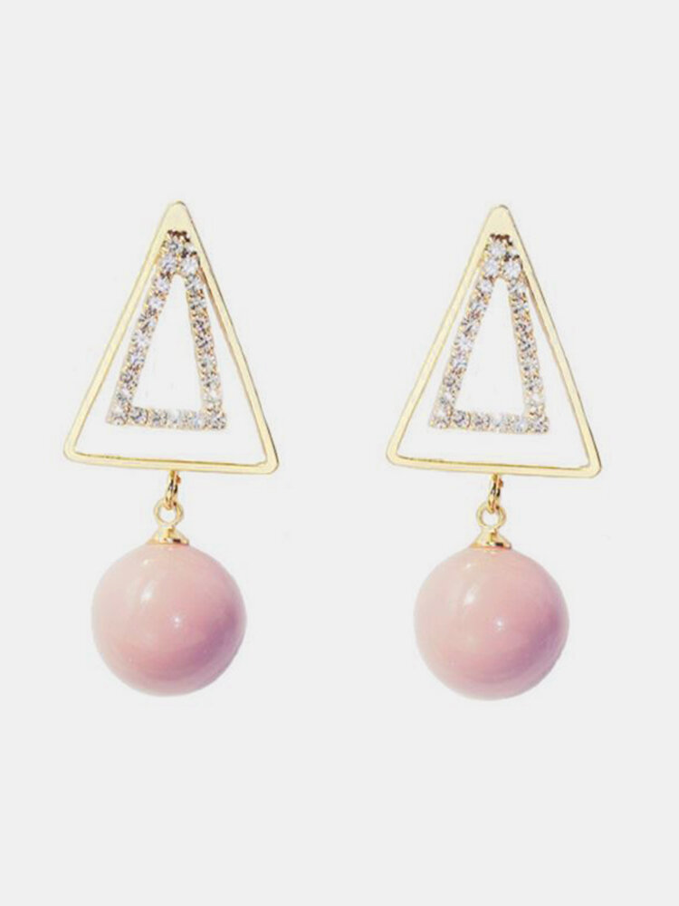 Sweet Ear Drop Earrings Double Gold Triangle Pink Artificial Pearls Pendant Earrings for Women