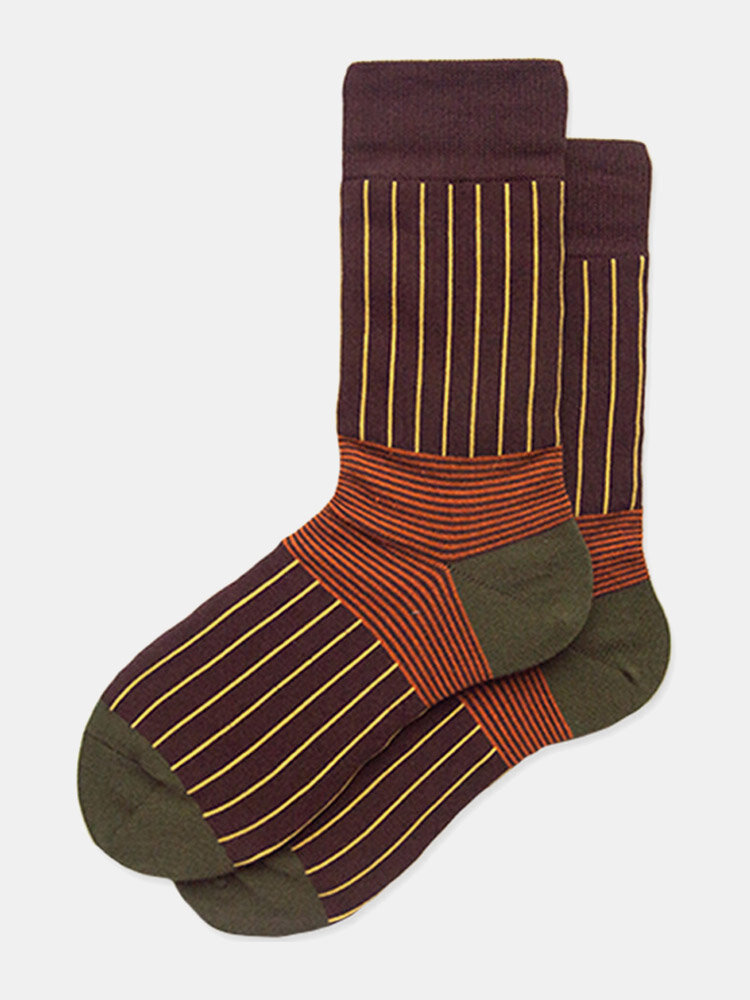 10 Pairs Unisex Cotton Vertical Stripe Pattern Jacquard Contrast Color Breathable Tube Socks