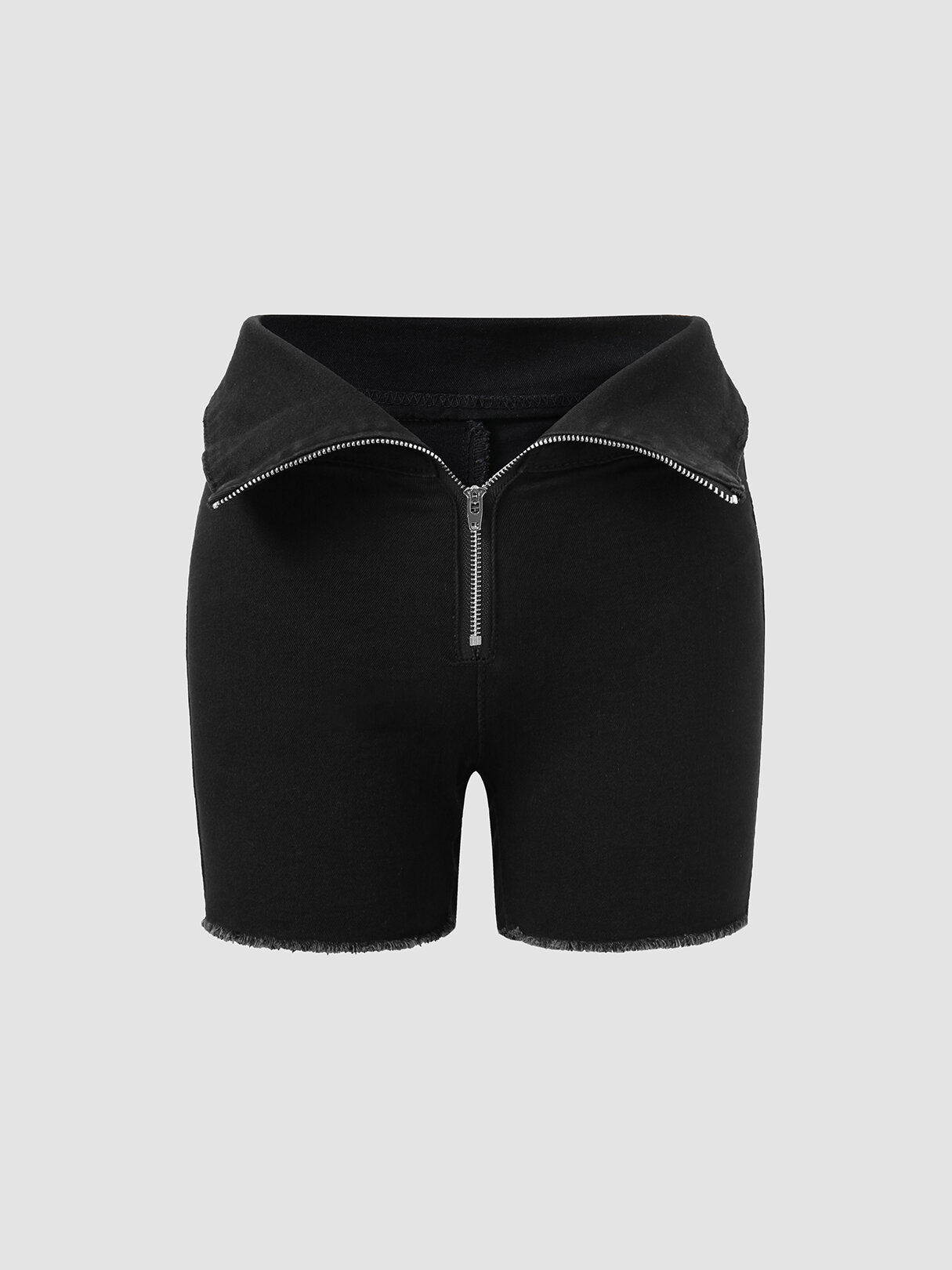 Solid Zip Front Stretch Denim Shorts For Women
