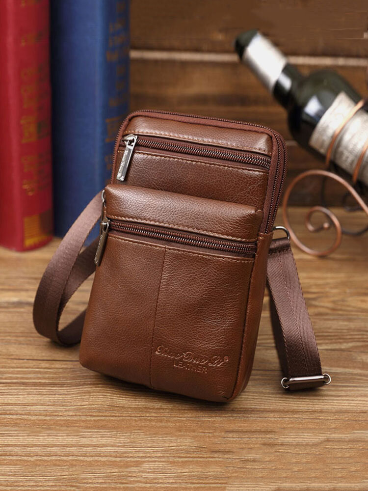 Men's Genuine Leather Mini Messenger 7 Inch Waist Bag Multifunctional Phone Bag Crossbody Bag