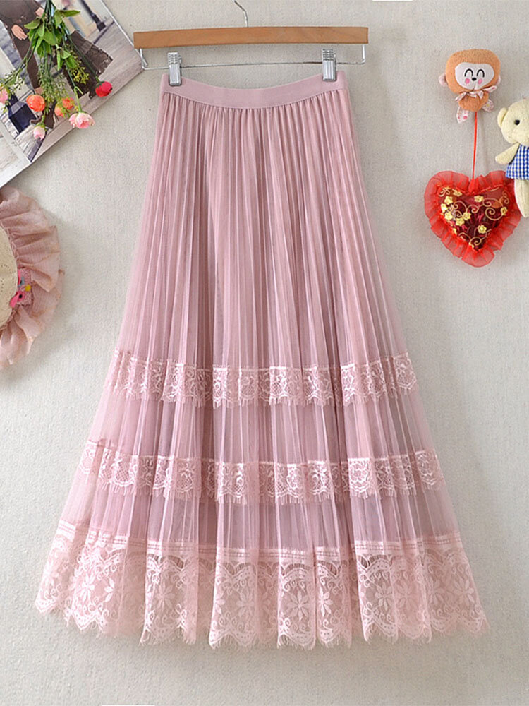 

Flower Lace Embroidery Chiffon Pleated Mesh Overlay Tulle Skirt, Pink;blue;apricot