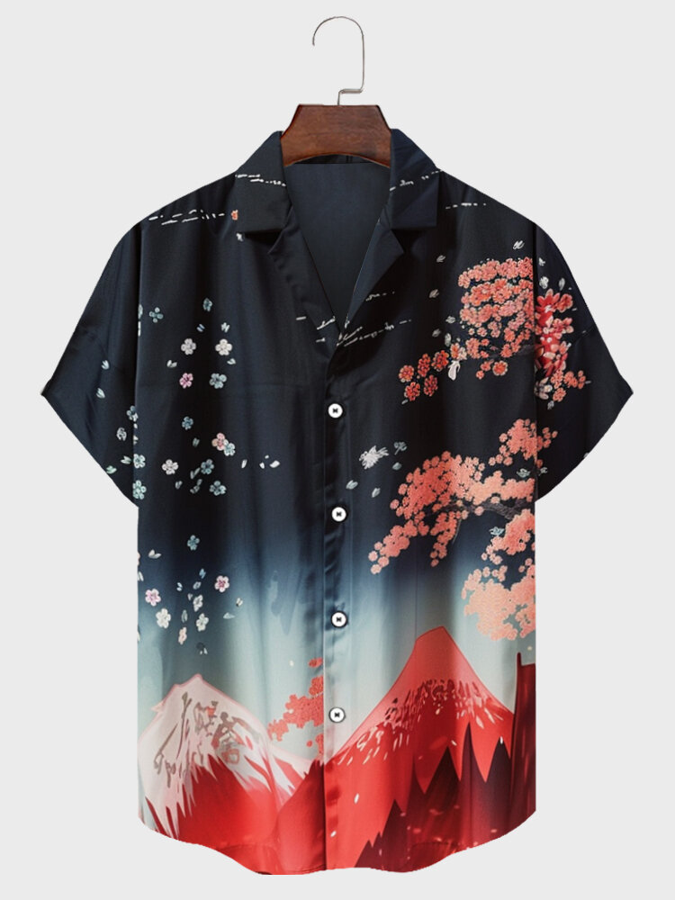 

Mens Japanese Floral Landscape Print Revere Collar Short Sleeve Shirts, Black