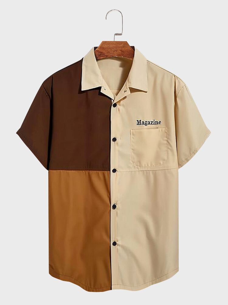 

Mens Color Block Patchwork Chest Pocket Short Sleeve Shirts, Khaki