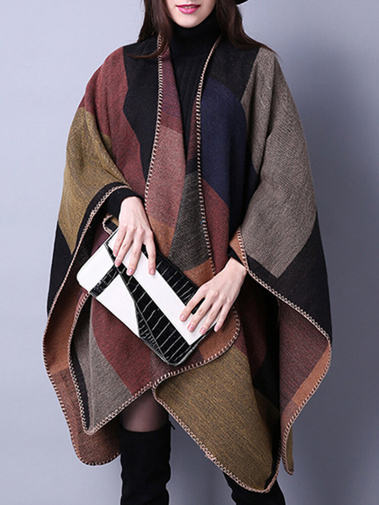 Women Winter Plaid Artificial Cashmere Scarves Shawl Casual Ethnic Warm Split Ends Thicken Cloak