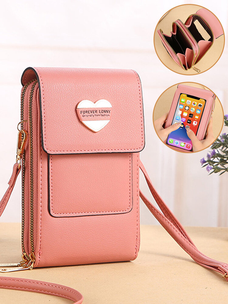 Casual Multifunction Double-Layer Touch Screen Crossbody Bag Faux Leather Heart Decoration Phone Bag