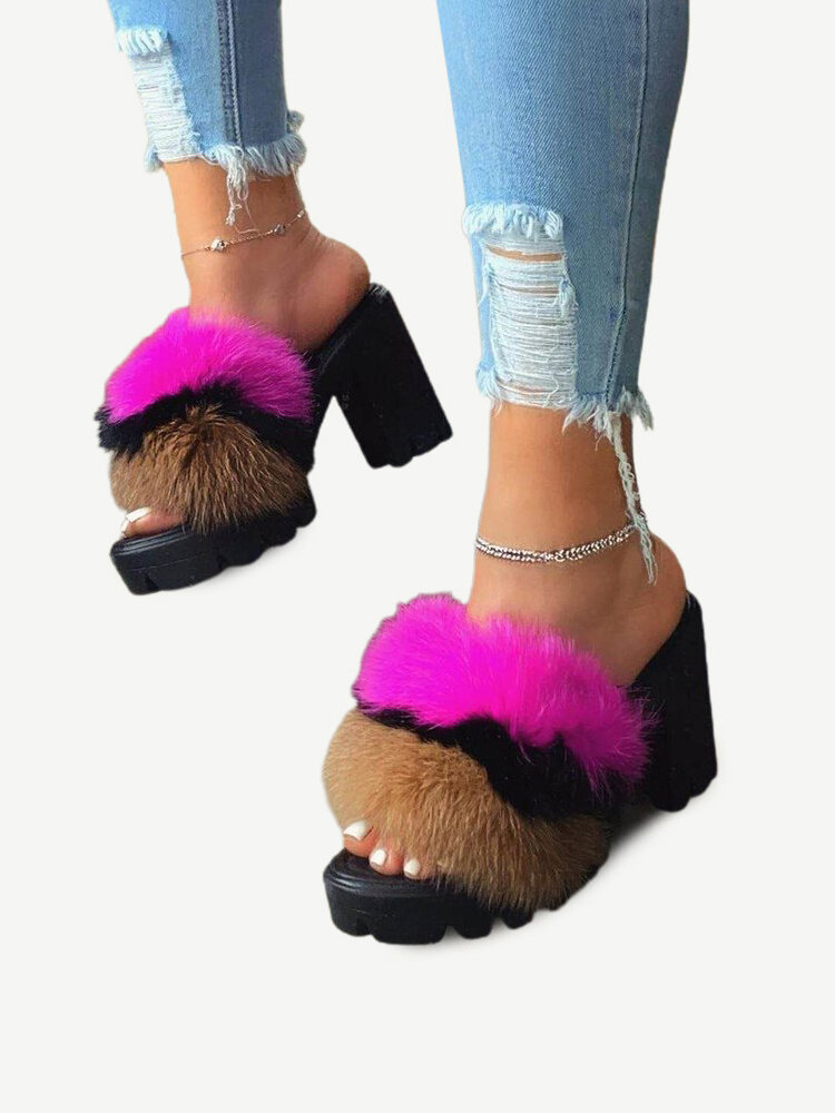 

Women Imitation Fur Opened Toe Sling Back Chunky Heel Slippers, White;pink;rose