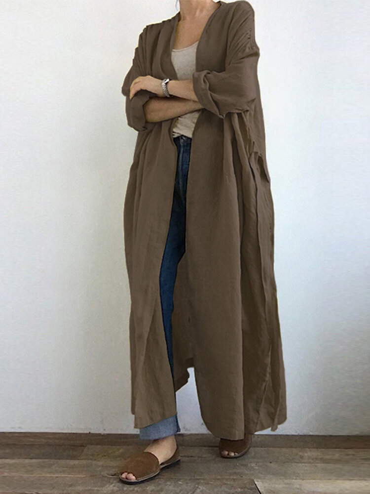 Casual Solid Color Pleated Long Sleeve Maxi Plus Size Cardigan