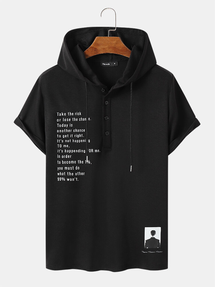 Mens Letter Figure Print Half Button Short Sleeve Hooded T-Shirts