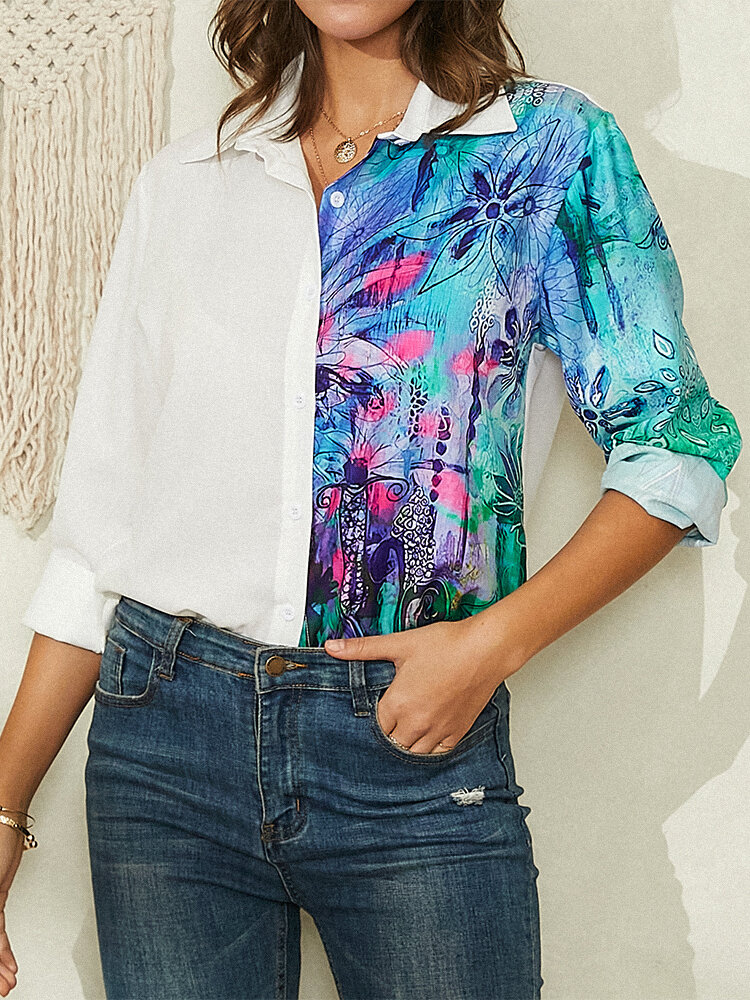 Повседневная блузка с длинными рукавами и пуговицами с принтом Calico Print For Женское