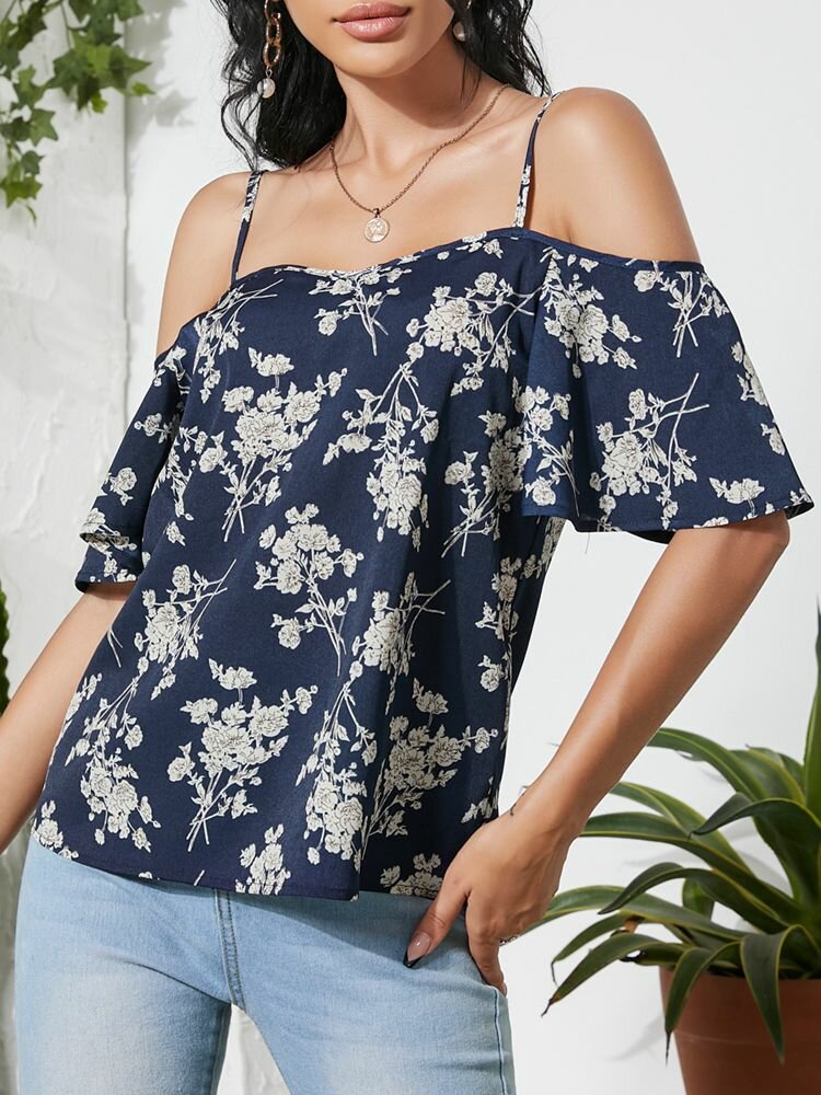 Flower Print Off-shoulder Backless Adjustable Strap Blouse