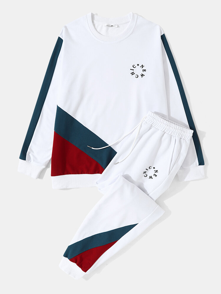 

Mens Letter Embroidered Colorblock Stitching Pullover Sweatshirt Preppy Two Pieces Outfits, White