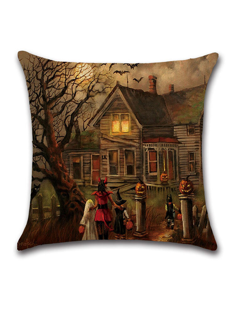 

Halloween Witches Pumpkin Pattern Linen Cushion Cover Home Sofa Halloween Art Decor