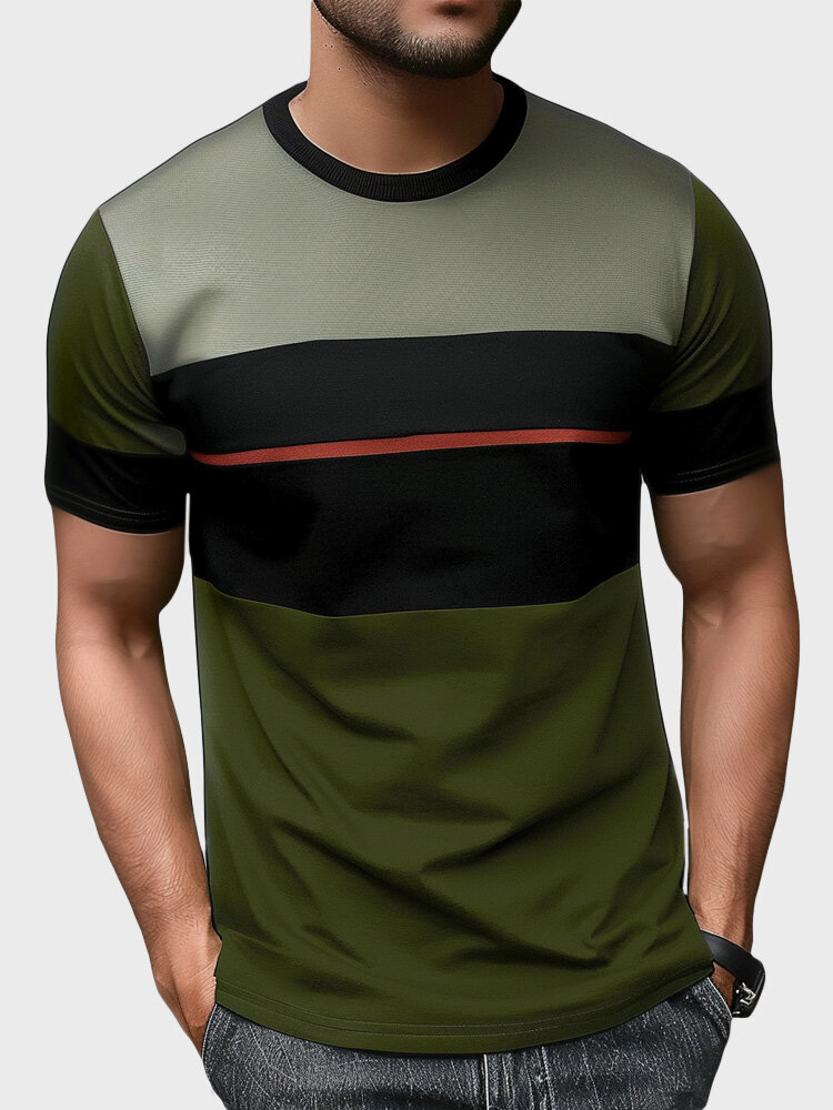 

Mens Color Block Striped Patchwork Crew Neck Short Sleeve T-Shirts, Army green