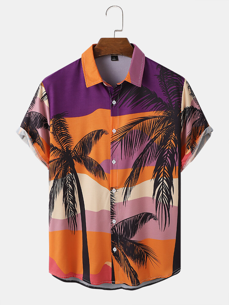 Mens Coconut Tree Scenery Print Button Up Short Sleeve Shirts