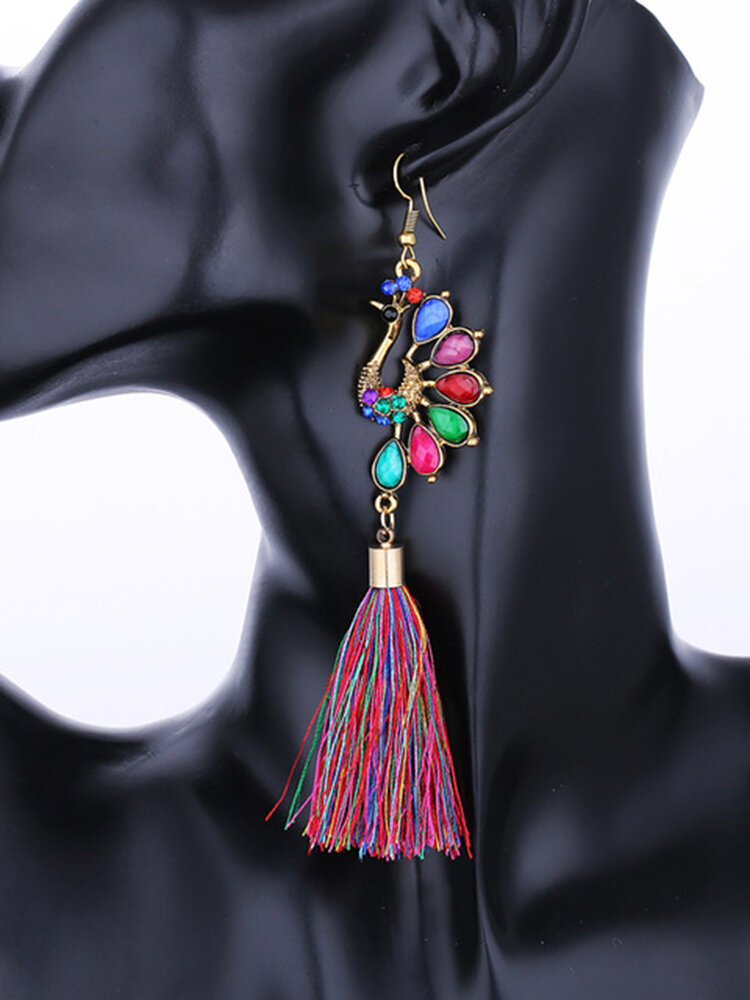 Ethnic Colorful Peacock Crystal Tassel Earrings Vintage Long Dangle Earrings for Women
