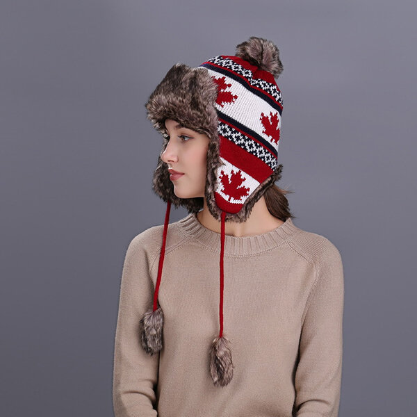 

Women Maple Leaf Earmuffs Plush Lei Feng Hat Winter Outdoor Ski Windproof Knitted Cap, Red;black;white;coffee