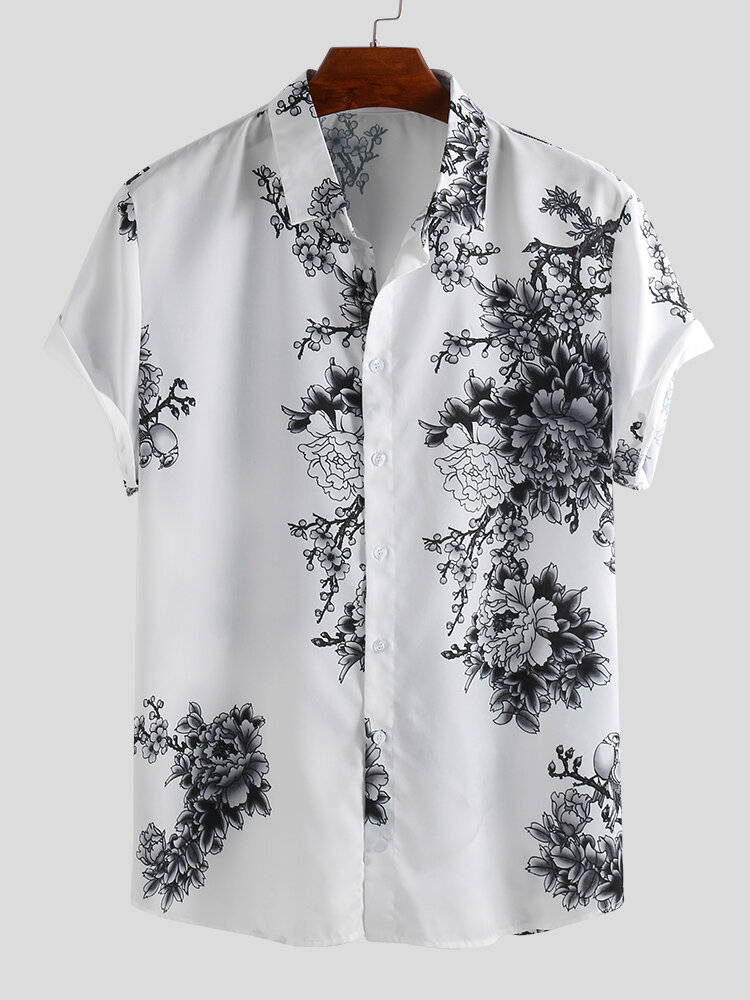 Mens Floral Print Lapel Button Up Short Sleeve Shirt