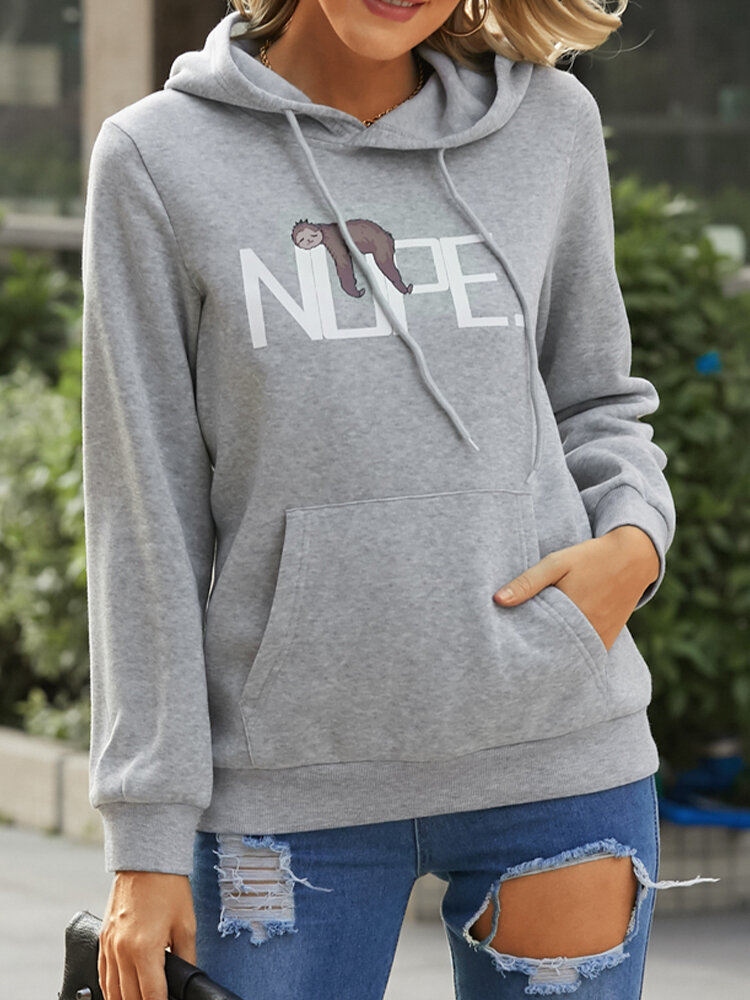 Letters Print Pocket Long Sleeve Casual Hoodie For Women