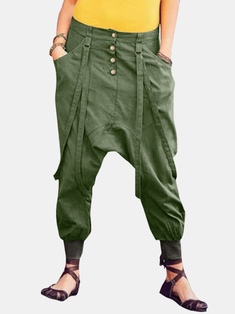 Drop-crotch Button Belt Elastic Waist Plus Size Pants 