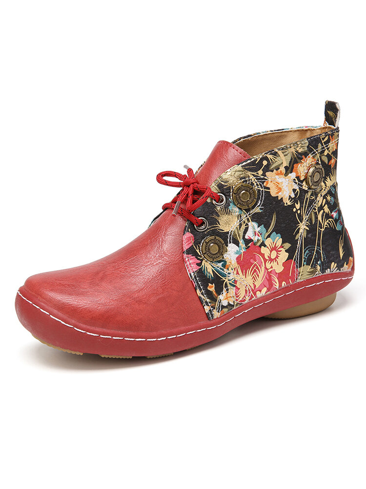 

LOSTISY Flowers Pattern Splicing Solid Color Round Toe Comfy Lace-up Flat Ankle Boots, Grey;red;brown;green