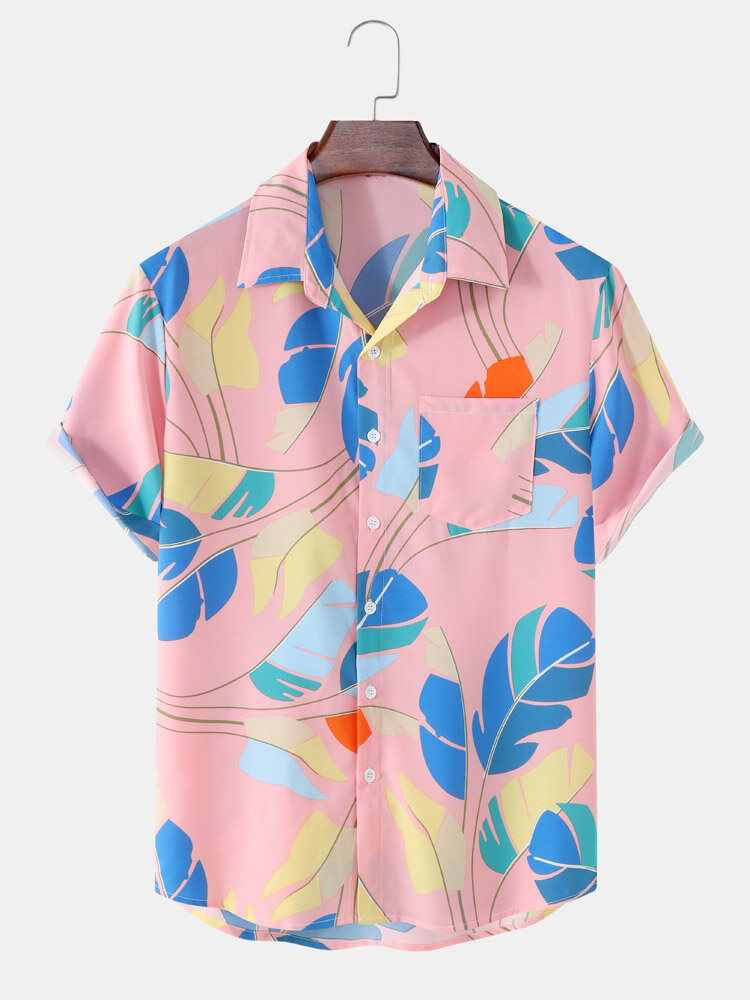 Mens All Over Colorful Leaf Print Holiday Short Sleeve Shirts