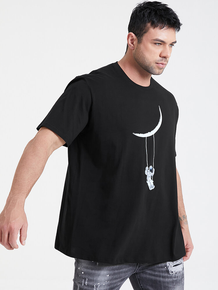 Plus Size Mens Fashion Swing Astronaut Cartoon Print Cotton T-Shirt