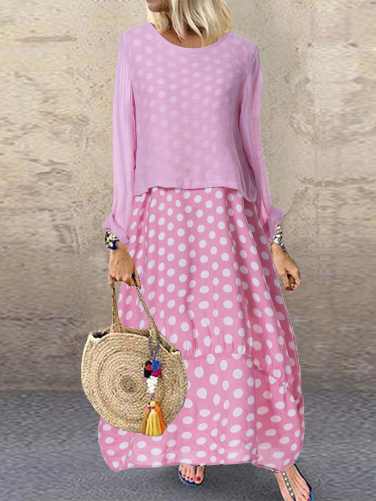Casual Polka Dot Patchwork Two Pieces Plus Size Maxi Dress