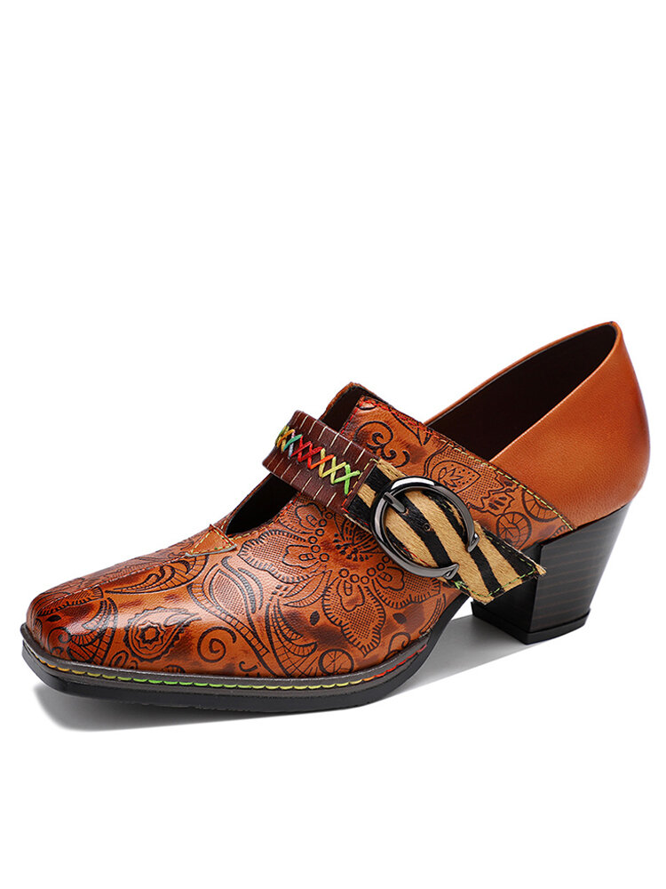 Socofy Genuine Leather Retro Floral Buckle Decor Hook & Loop Comfy Square Toe Mary Jane Heels
