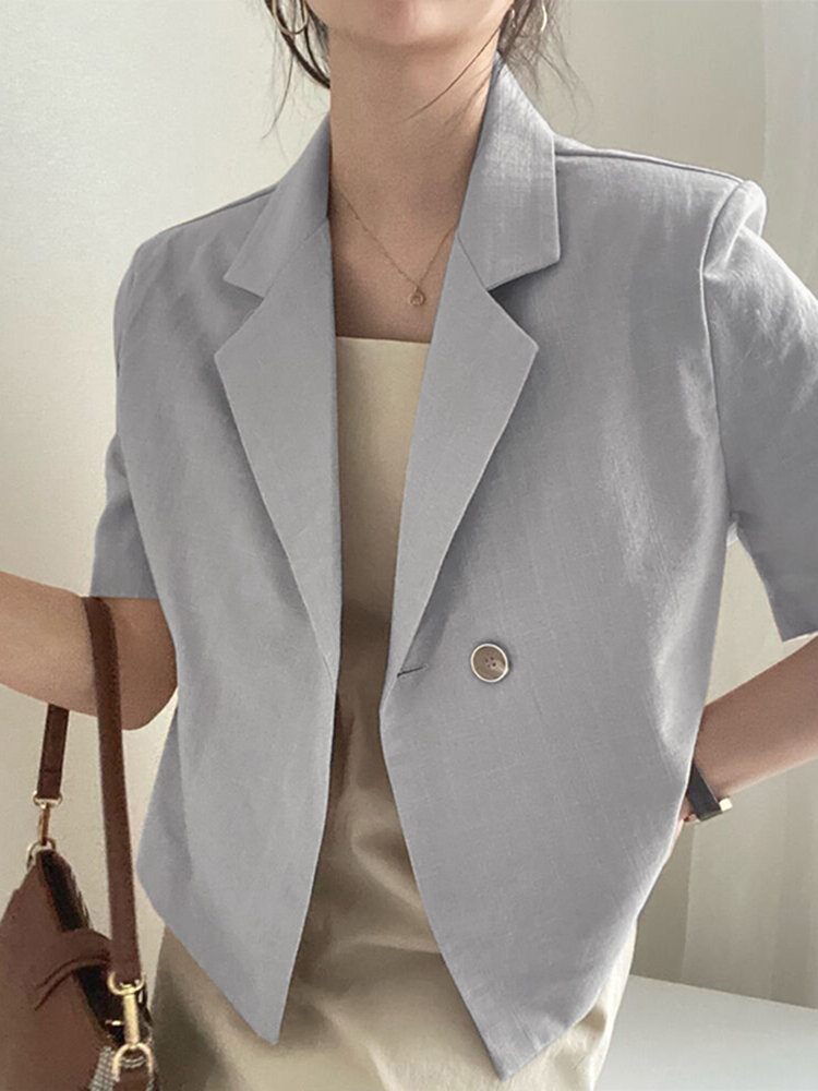 Solid Button Lapel Short Sleeve Blazer For Women