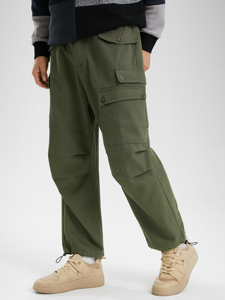 

Mens Solid Button Pocket 100% Cotton Utility Belted Drawstring Pants, Army green
