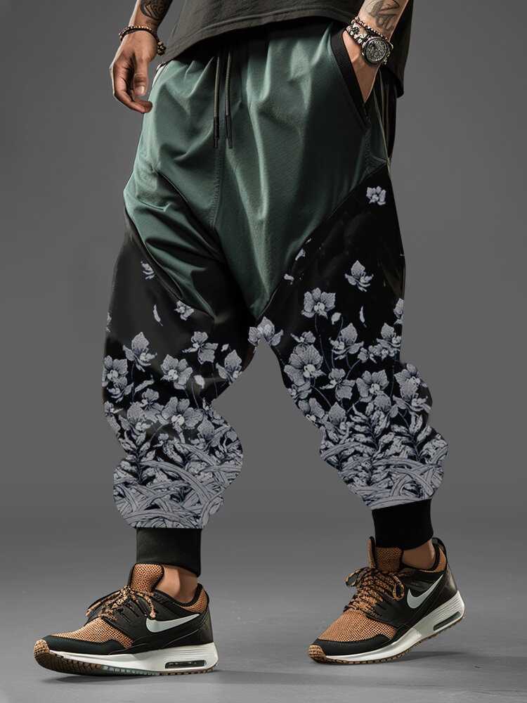 

Mens Japanese Cherry Blossom Print Contrast Patchwork Loose Pants, Green