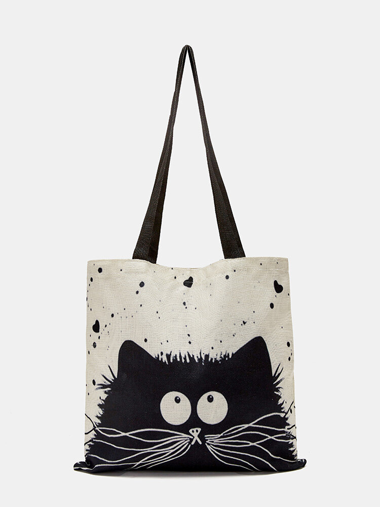 JOSEKO Women's Cotton Linen Fashion Casual HD Cat Digital Printing Shopping Bag Large Capacity Tote Bag