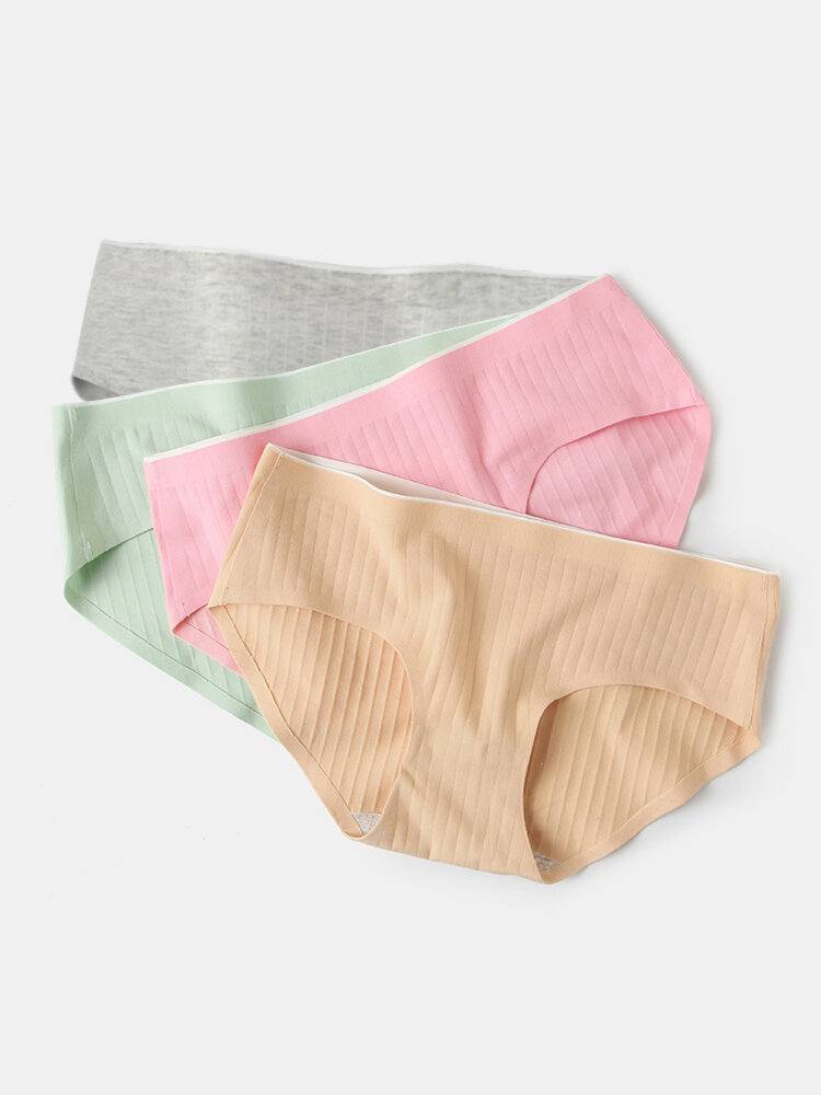 4Pcs Plus Size Women Stripe Cotton Seamless Breathable Antibacterial Mid Waist Panties