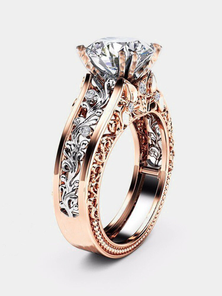 Luxury Topaz Stone Inlaid 14K Rose Gold Flower Hollow Platinum Rings Wedding Gift for Her