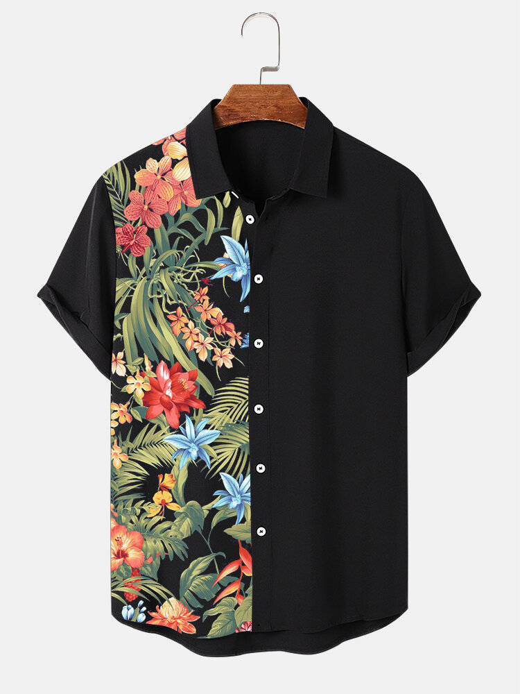 Mens Tropical Floral Print Patchwork Lapel Short Sleeve Shirts Winter