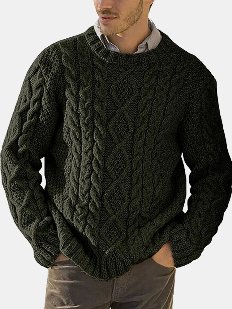 Mens Plain Pure Color Cable Knit Crew Neck Casual Pullover Sweaters