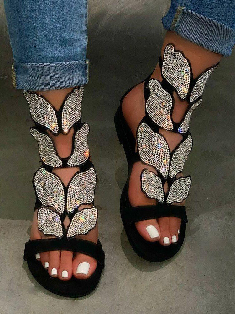 Women Large Size Rome Rhinestone Butterfly Open Toe Flat Sandals