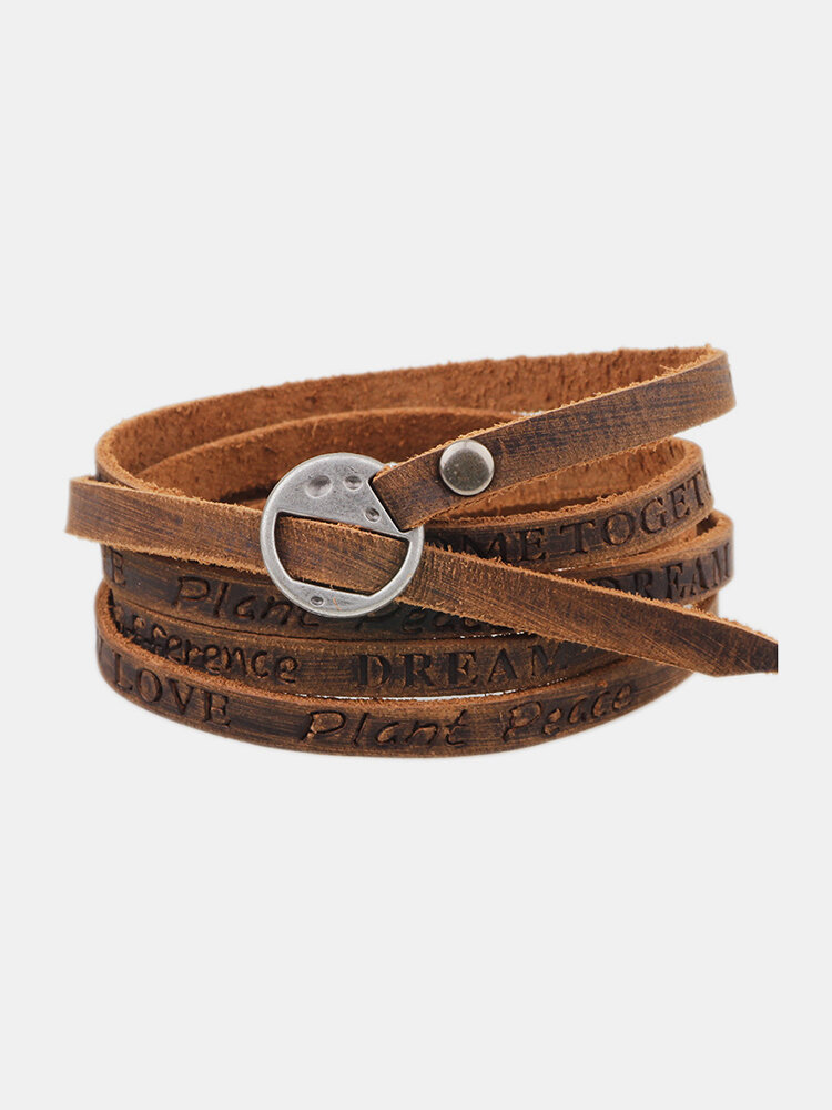 Punk PU Leather Ancient Wristband Simple Word Love Multilayer Bracelet for Men Gift