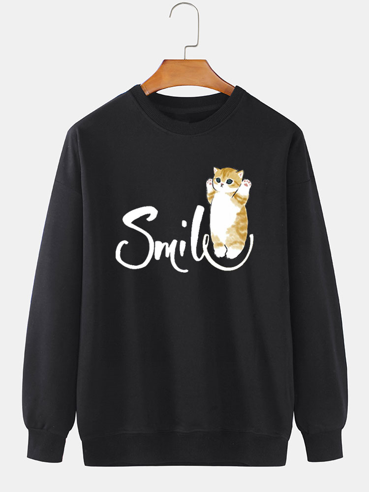 Mens Smile Cat Print Crew Neck Casual Pullover Sweatshirts