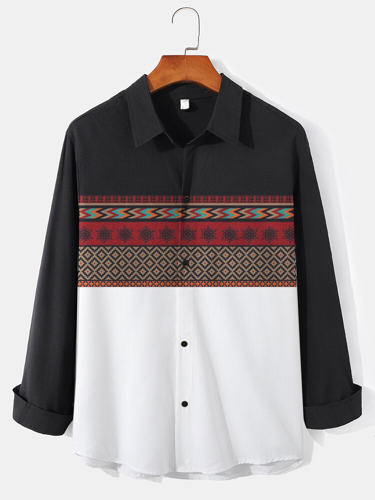 Mens Ethnic Printed Patchwork Long Sleeve Front Buttons Shirts
