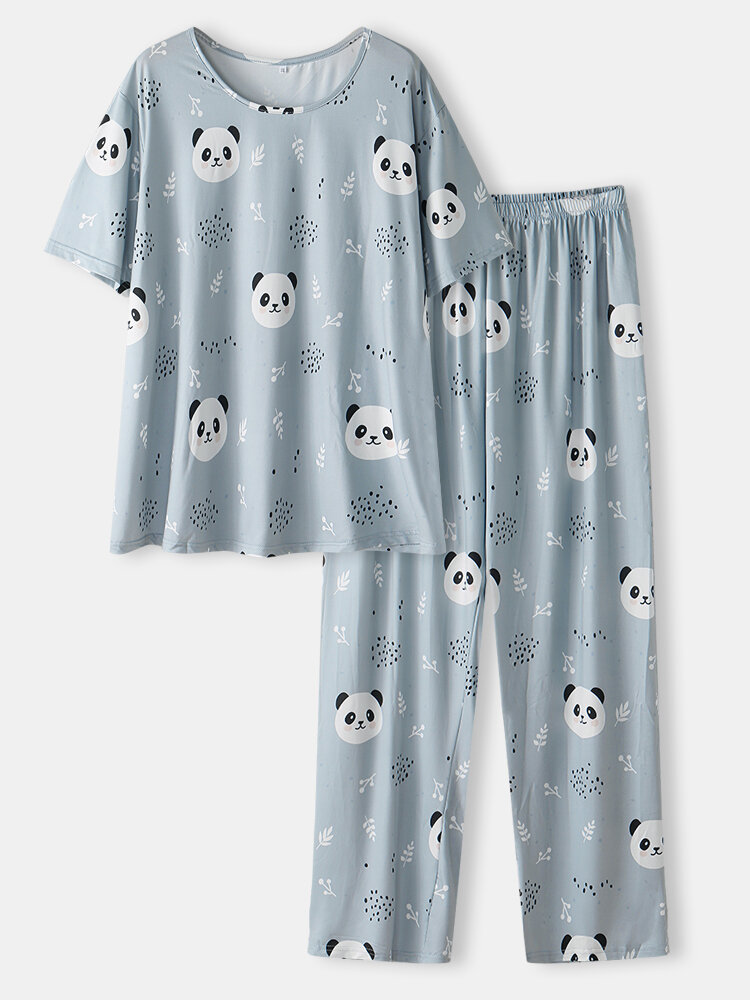Plus Size Women Cartoon Panda Print Short Sleeve Elastic Waist Pajama Sets