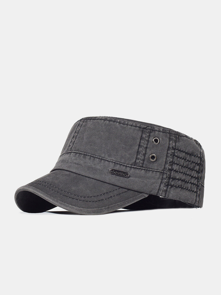 Men Washed Distressed Cotton Solid Color Sutures Letter Metal Label Breathable Sunscreen Military Cap Flat Cap