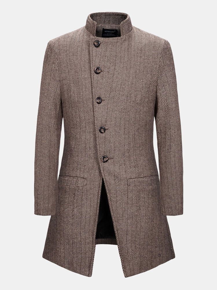 Mens Mid-long Wool Blends Coats Long Sleeve Diagonal Bottons Casual Jackets