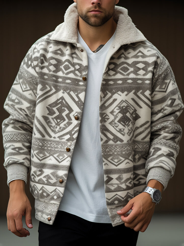 ChArmkpR Mens Ethnic Geometric Print Plush Collar Loose Jacket Winter