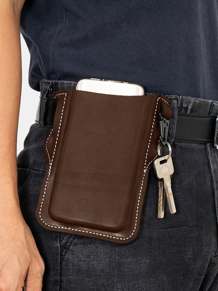 Men EDC Genuine Leather Retro 6.5 inch Phone Keychain Bag Belt Sheath